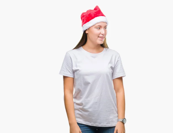 Mooie Kaukasische Jongedame Kerstmuts Dragen Geïsoleerd Achtergrond Zoek Weg Aan — Stockfoto