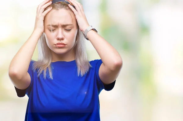 Jonge Blonde Vrouw Geïsoleerde Achtergrond Die Lijdt Aan Hoofdpijn Wanhopig — Stockfoto