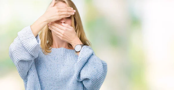 Beautiful Young Woman Wearing Blue Sweater Isolated Background Covering Eyes — Stock Photo, Image