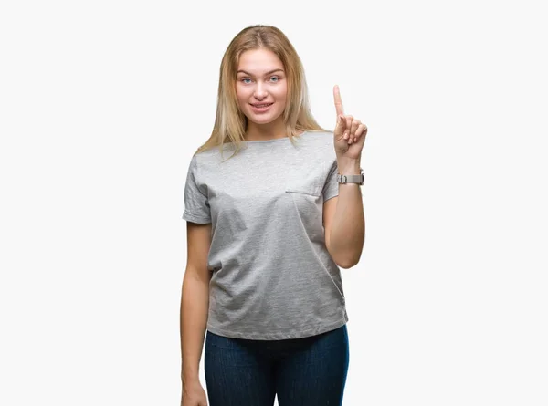 Młoda Kobieta Kaukaski Białym Tle Wyświetlono Wskazując Palcem Numer Jeden — Zdjęcie stockowe
