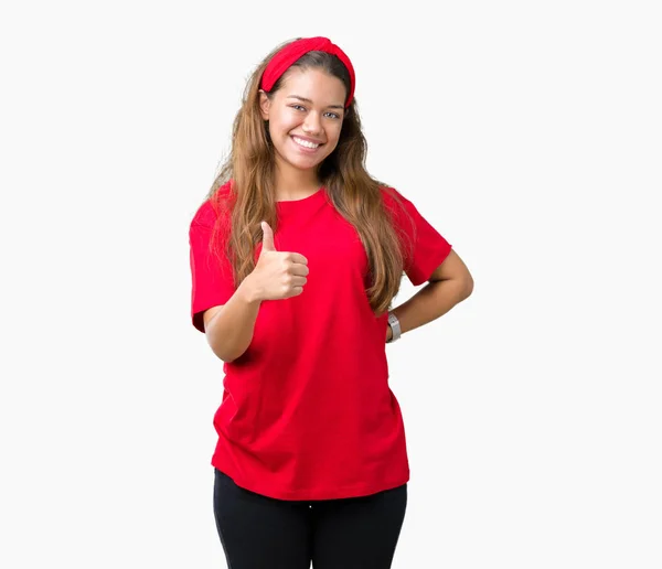 Fiatal Gyönyörű Barna Visel Piros Póló Több Mint Boldog Remek — Stock Fotó
