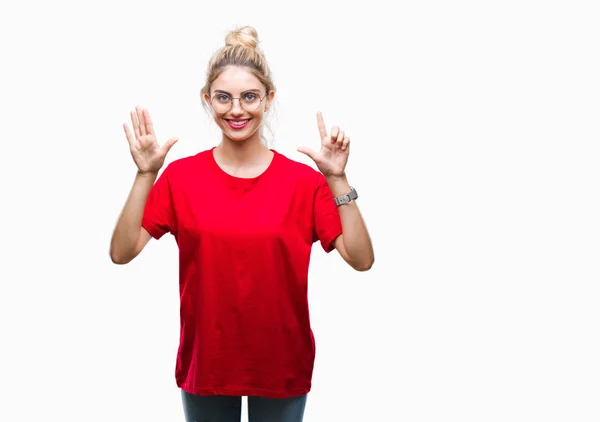 Joven Hermosa Mujer Rubia Con Camiseta Roja Gafas Sobre Fondo — Foto de Stock