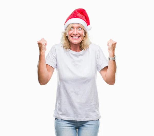 Donna Bionda Mezza Età Indossa Cappello Natale Sfondo Isolato Celebrando — Foto Stock