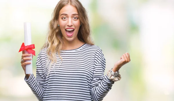 Beautiful Young Blonde Woman Holding Degree Certificate Isolated Background Screaming — Stock Photo, Image