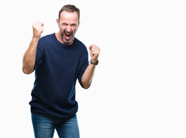 Gülümseyen ve başarı için çığlık orta yaş ağarmış üst düzey adam izole arka plan çok mutlu ve heyecanlı kaldırdı, silah ile kazanan jest yapıyor. Kutlama kavramı.