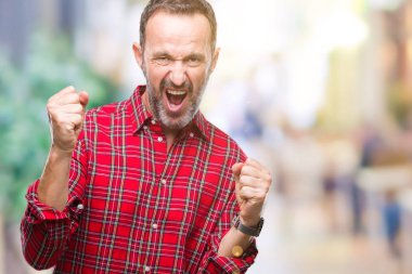 Gülümseyen ve başarı için çığlık orta yaş ağarmış üst düzey adam izole arka plan çok mutlu ve heyecanlı kaldırdı, silah ile kazanan jest yapıyor. Kutlama kavramı.