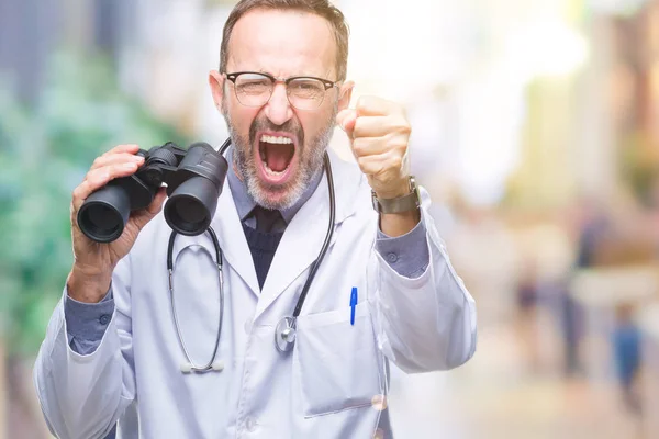 Middle Age Senior Hoary Doctor Man Looking Binoculars Isolated Background — Stock Photo, Image