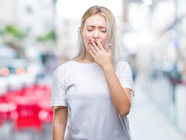 Young Blonde Woman Isolated Background Bored Yawning Tired Covering Mouth — Stock Photo, Image