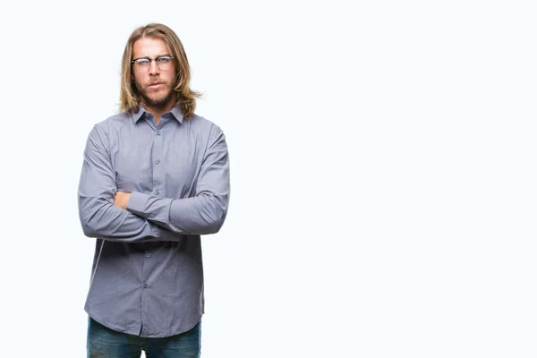 Joven Hombre Negocios Guapo Con Pelo Largo Sobre Fondo Aislado — Foto de Stock