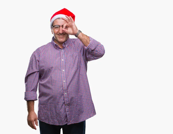 Hombre Mayor Guapo Con Sombrero Navidad Sobre Fondo Aislado Haciendo — Foto de Stock