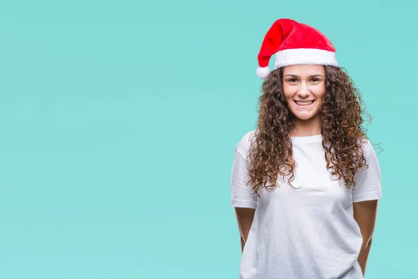 Chica Morena Joven Con Sombrero Navidad Sobre Fondo Aislado Con — Foto de Stock