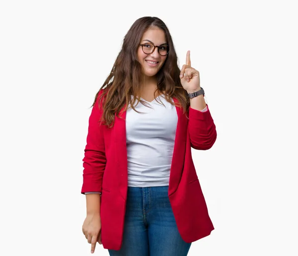 Mooie Grootte Jonge Zakenvrouw Elegante Jas Bril Dragen Geïsoleerd Achtergrond — Stockfoto