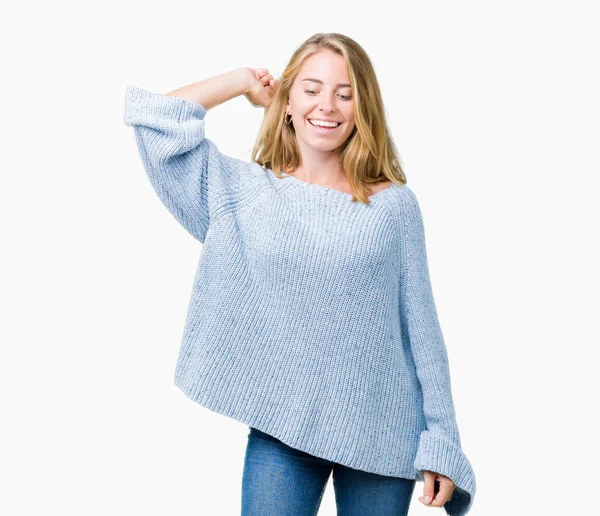 Beautiful Young Woman Wearing Blue Sweater Isolated Background Dancing Happy — Stock Photo, Image