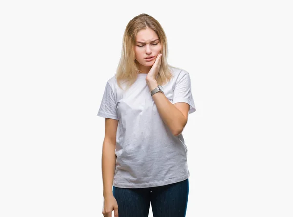 Young Caucasian Woman Isolated Background Touching Mouth Hand Painful Expression — Stock Photo, Image