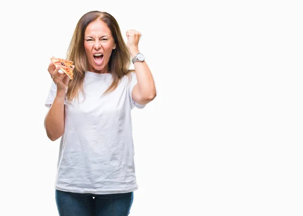 Femme Hispanique Moyen Âge Mangeant Des Tranches Pizza Sur Fond — Photo