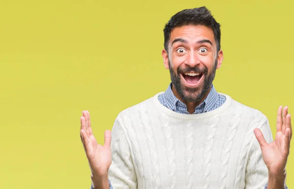 Homem Hispânico Adulto Vestindo Camisola Inverno Sobre Fundo Isolado Celebrando — Fotografia de Stock