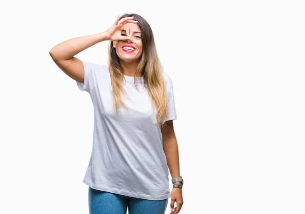 Ung Vacker Kvinna Casual Vit Shirt Över Isolerade Bakgrund Gör — Stockfoto
