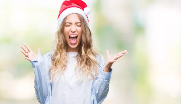 Linda Jovem Loira Vestindo Chapéu Natal Sobre Fundo Isolado Celebrando — Fotografia de Stock