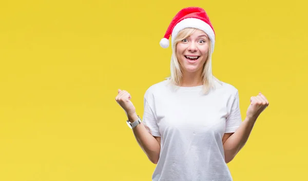 Jonge Mooie Blonde Vrouw Met Kerst Hoed Geïsoleerde Achtergrond Vieren — Stockfoto