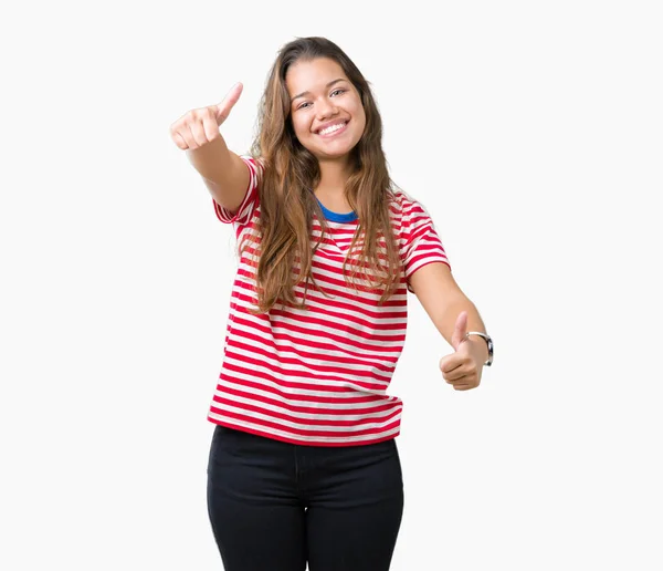 Young Beautiful Brunette Woman Wearing Stripes Shirt Isolated Background Approving — Stock Photo, Image