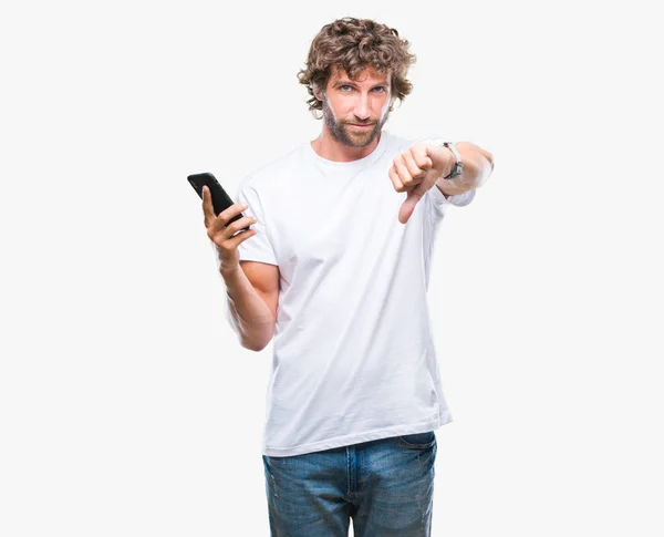 Jóképű Spanyol Férfi Modell Küldött Üzenet Sms Használ Smartphone Felett — Stock Fotó