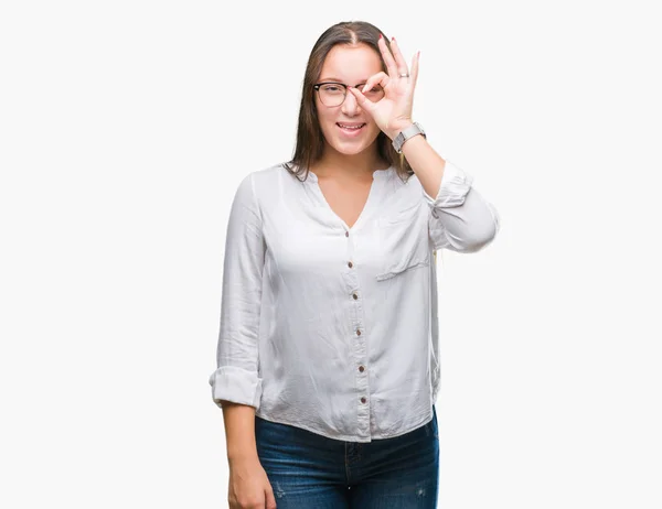 Jovem Caucasiano Bela Mulher Negócios Vestindo Óculos Sobre Fundo Isolado — Fotografia de Stock