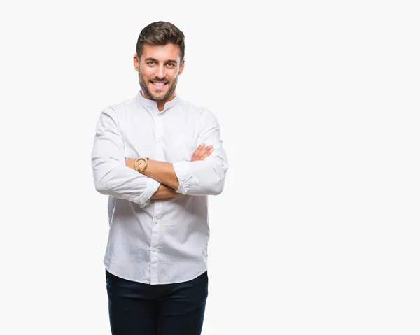 Jovem Homem Bonito Sobre Fundo Isolado Rosto Feliz Sorrindo Com — Fotografia de Stock