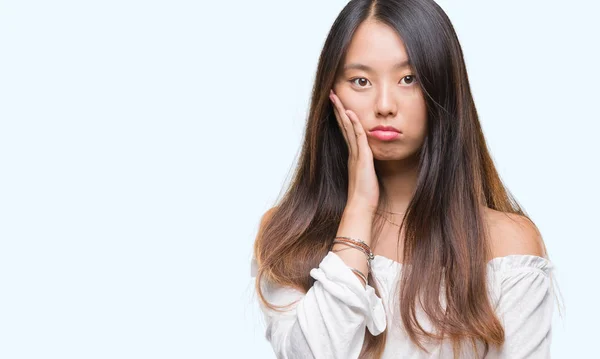 Jovem Mulher Asiática Sobre Fundo Isolado Pensando Parecendo Cansado Entediado — Fotografia de Stock