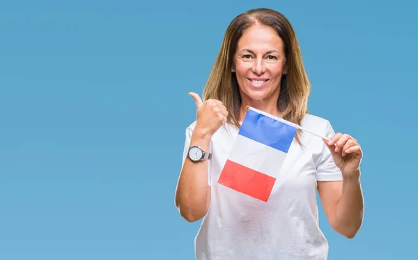 Middelbare Leeftijd Spaanse Vrouw Bedrijf Vlag Van Frankrijk Geïsoleerde Achtergrond — Stockfoto