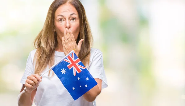 Medelåldern Spansktalande Kvinna Hålla Flagga Australien Över Isolerade Bakgrund Täcker — Stockfoto