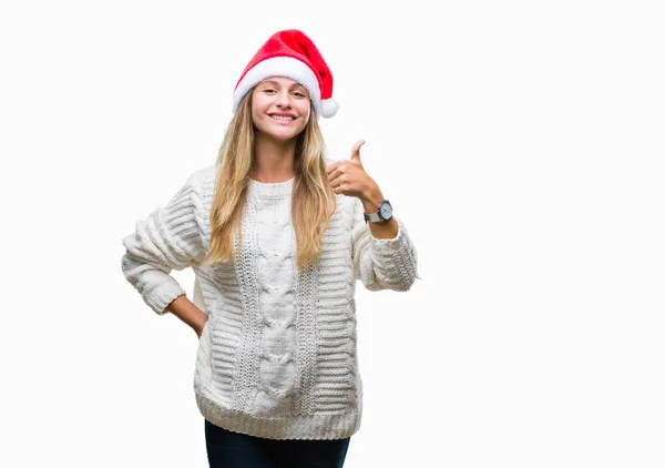 Jovem Mulher Loira Bonita Vestindo Chapéu Natal Sobre Fundo Isolado — Fotografia de Stock