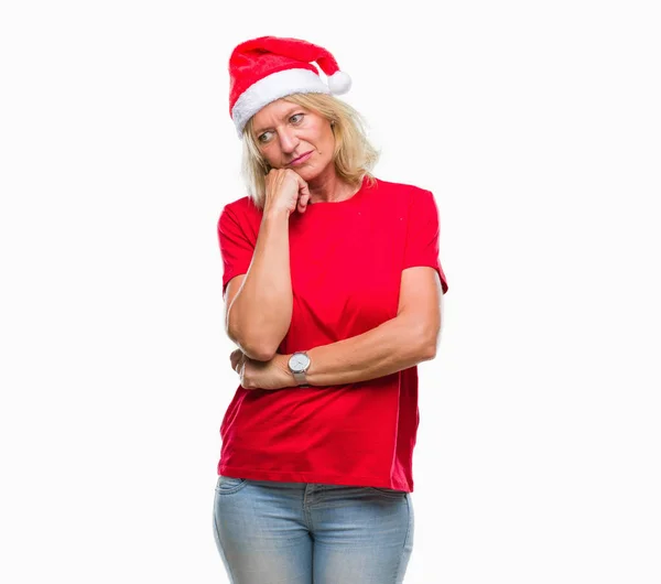 Medioevo Donna Bionda Indossa Cappello Natale Sfondo Isolato Pensando Cercando — Foto Stock