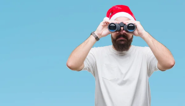 Joven Hombre Hipster Caucásico Con Sombrero Navidad Que Mira Aunque — Foto de Stock