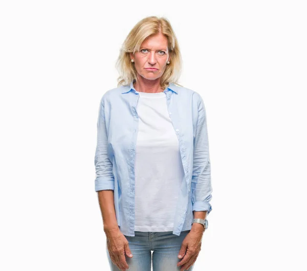 Wiek Średni Blond Kobieta Białym Tle Sceptykiem Rozstrój Nerwowy Zmarszczenie — Zdjęcie stockowe