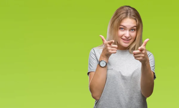 Молода Біла Жінка Над Ізольованим Тлом Вказує Пальці Камеру Щасливим — стокове фото