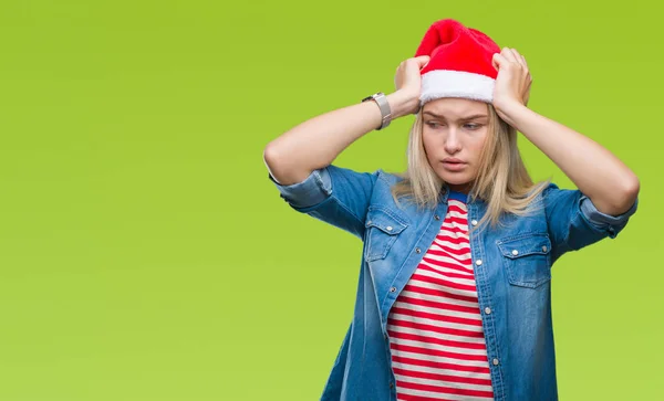 Mulher Caucasiana Jovem Usando Chapéu Natal Sobre Fundo Isolado Sofrendo — Fotografia de Stock