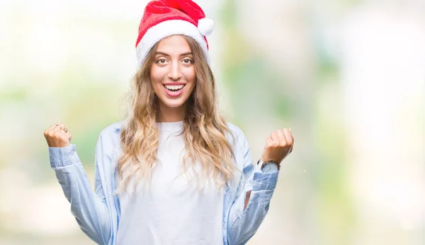 Belle Jeune Femme Blonde Portant Chapeau Noël Sur Fond Isolé — Photo