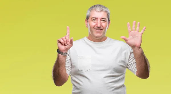 Handsome Senior Man Isolated Background Showing Pointing Fingers Number Six — Stock Photo, Image