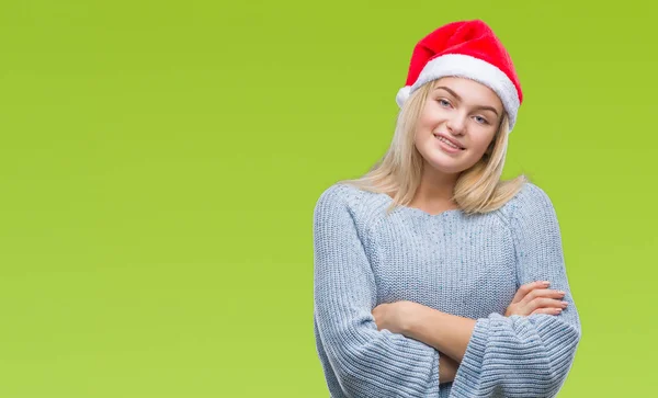 Giovane Donna Caucasica Indossa Cappello Natale Sfondo Isolato Volto Felice — Foto Stock