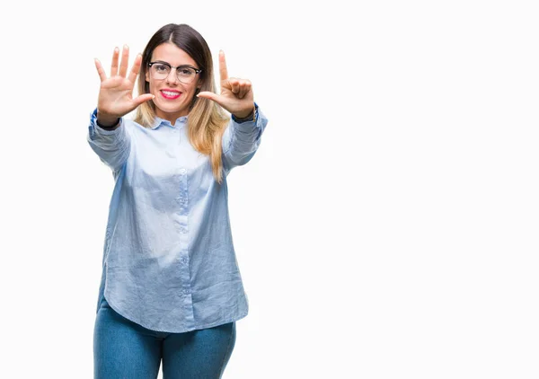 Joven Mujer Negocios Hermosa Con Gafas Sobre Fondo Aislado Mostrando — Foto de Stock