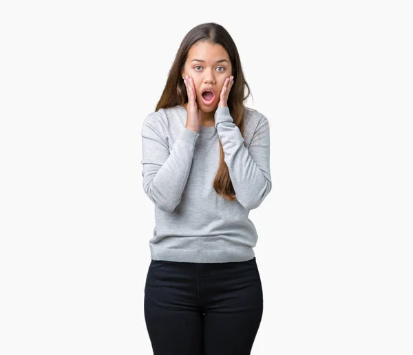 Young Beautiful Brunette Woman Wearing Sweater Isolated Background Afraid Shocked — Stock Photo, Image
