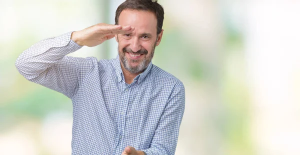 Bonito Homem Meia Idade Elegante Sênior Sobre Fundo Isolado Gestos — Fotografia de Stock