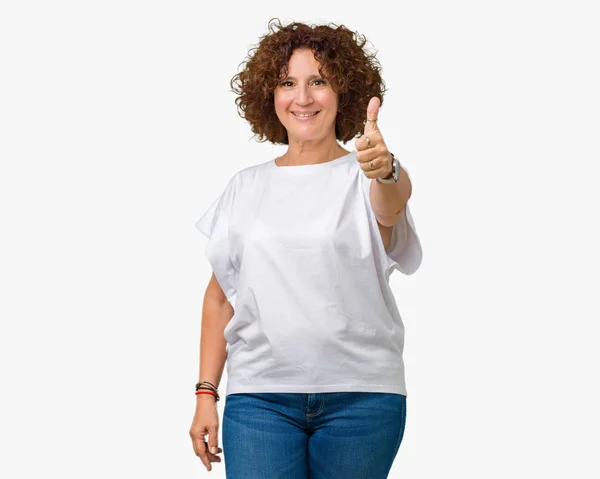 Mooie Midden Ager Senior Vrouw Dragen Witte Shirt Geïsoleerde Achtergrond — Stockfoto