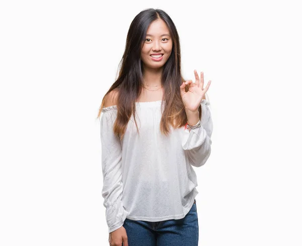 Junge Asiatische Frau Über Isolierten Hintergrund Lächelt Positiv Tun Zeichen — Stockfoto