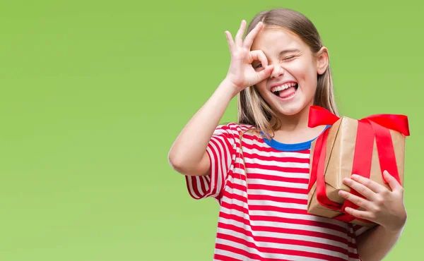 Jeune Belle Fille Donnant Noël Cadeau Saint Valentin Sur Fond — Photo