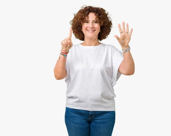 Hermosa Mujer Mediana Edad Ager Vistiendo Camiseta Blanca Sobre Fondo —  Fotos de Stock