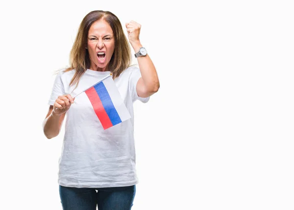 Hispanische Frau Mittleren Alters Mit Russischer Fahne Vor Isoliertem Hintergrund — Stockfoto
