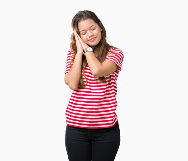 Jonge Mooie Brunette Vrouw Draagt Shirt Strepen Geïsoleerde Achtergrond Slapen — Stockfoto