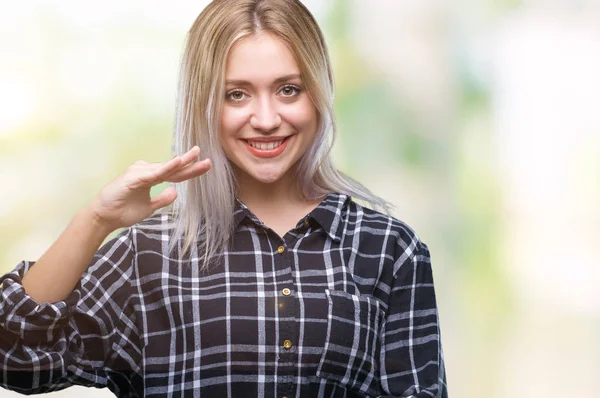 Young Blonde Woman Isolated Background Gesturing Hands Showing Big Large — Stock Photo, Image