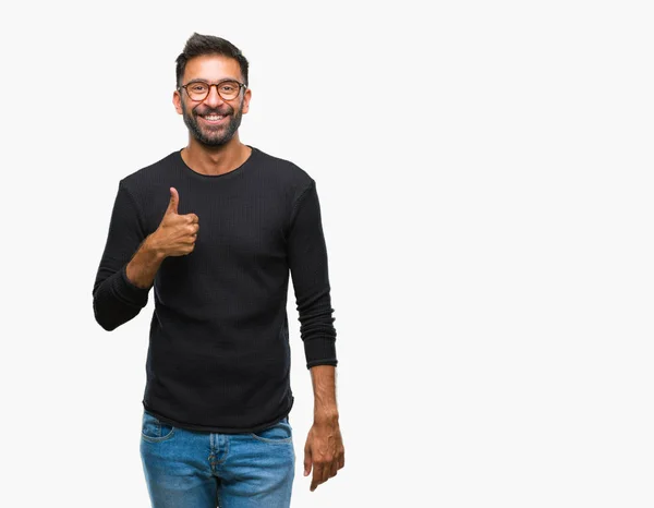 Adult Hispanic Man Wearing Glasses Isolated Background Doing Happy Thumbs — Stock Photo, Image